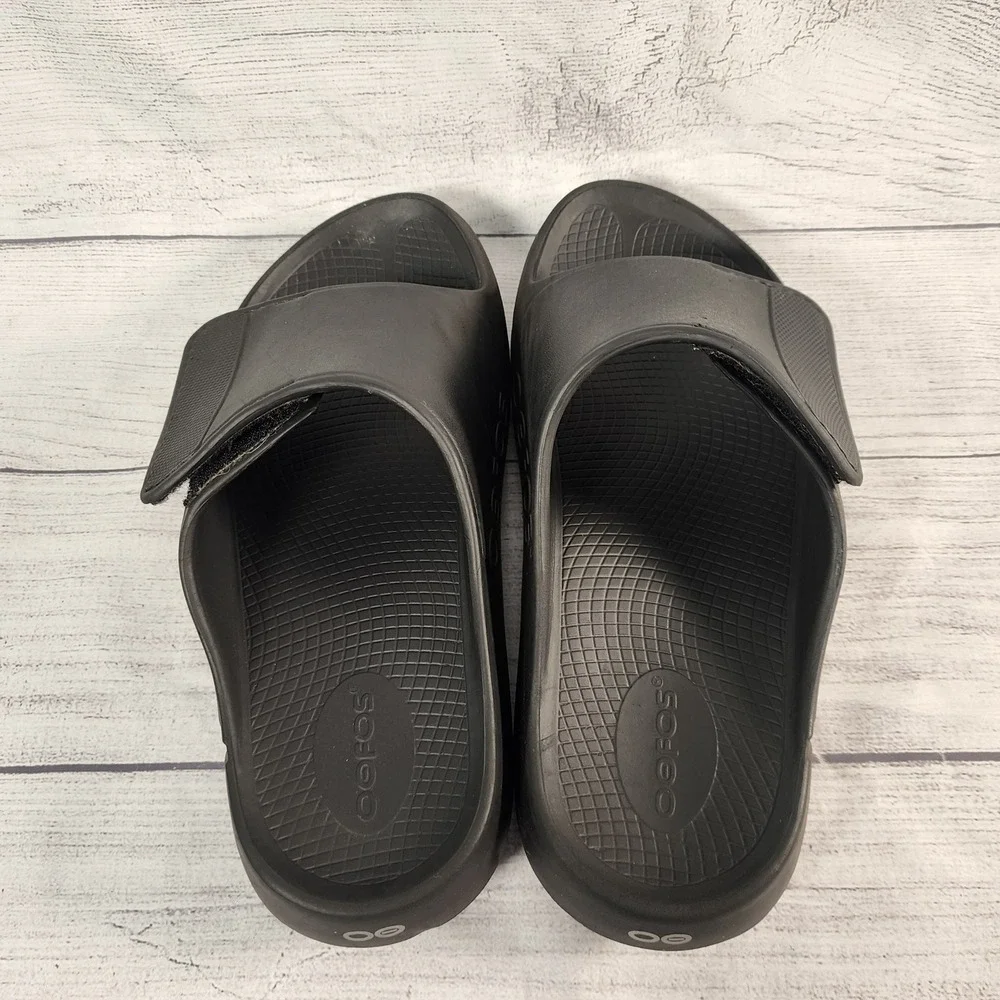OOFOS OOahh Sport Flex Black Adjustable Strap Recovery Slide Sandals Mens 9 W 11